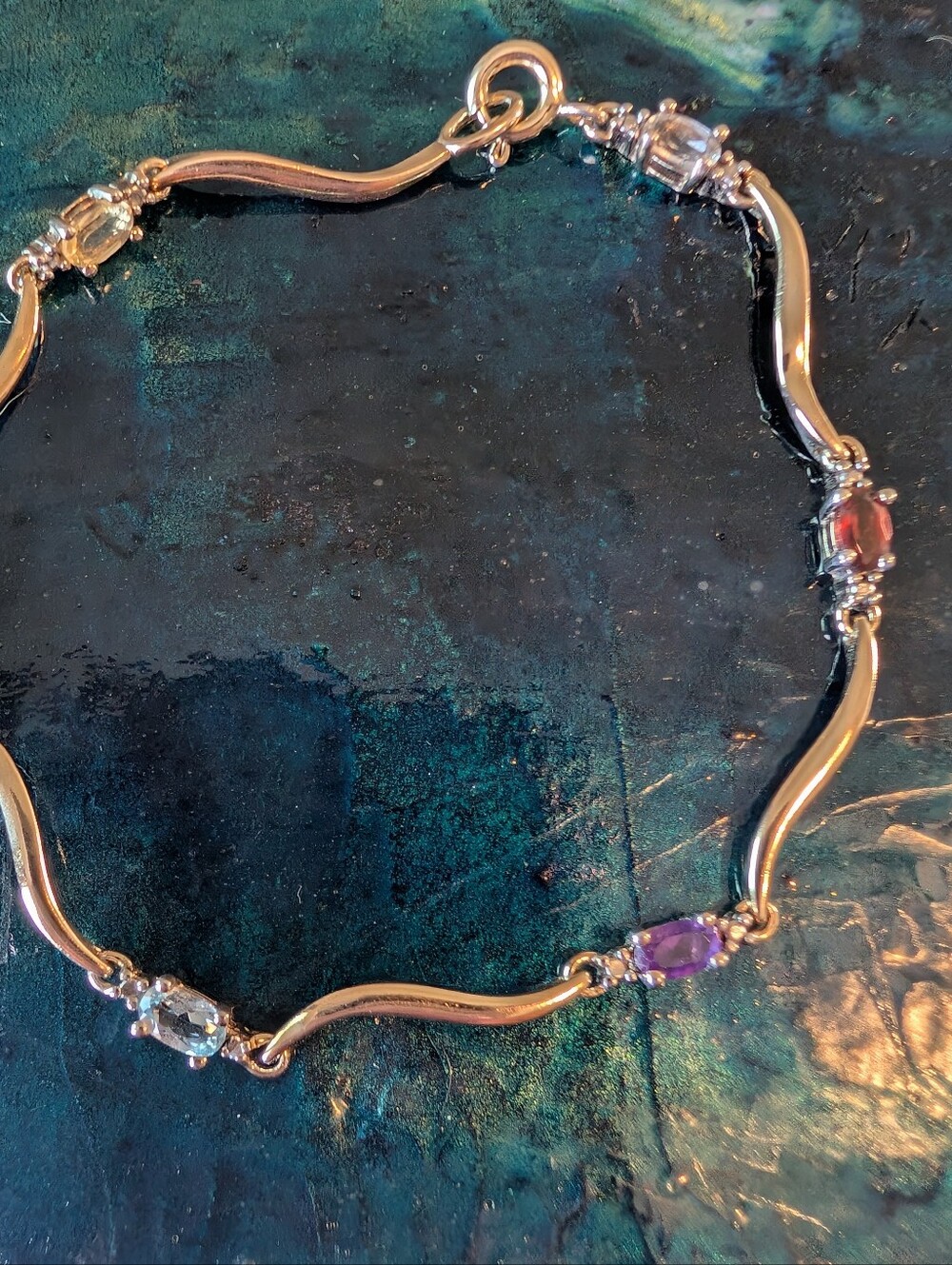 Delicate Multi-Gemstone Gold Plated Sterling Silver Bracelet Topaz Garnet 7.5"